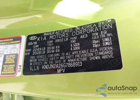 2016 Kia Soul z USA, uszkodzony, nr VIN KNDJN2A26G7868913